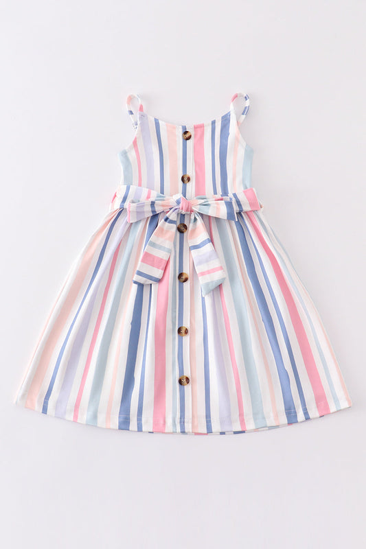 Blue and pink stripe buttons strap dress