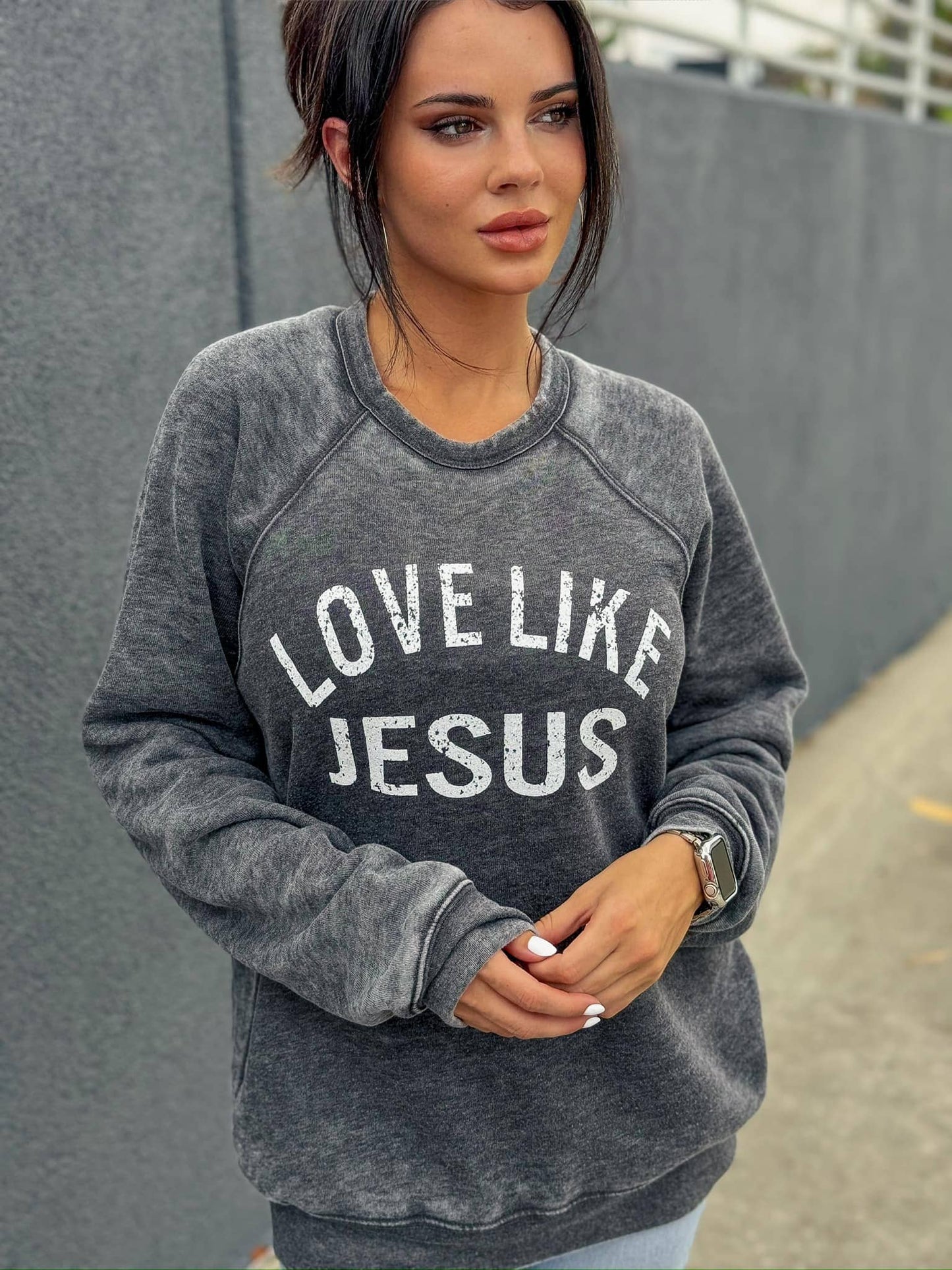 Love Like Jesus | Long Sleeve | Fleece  |Grey Acid Wash