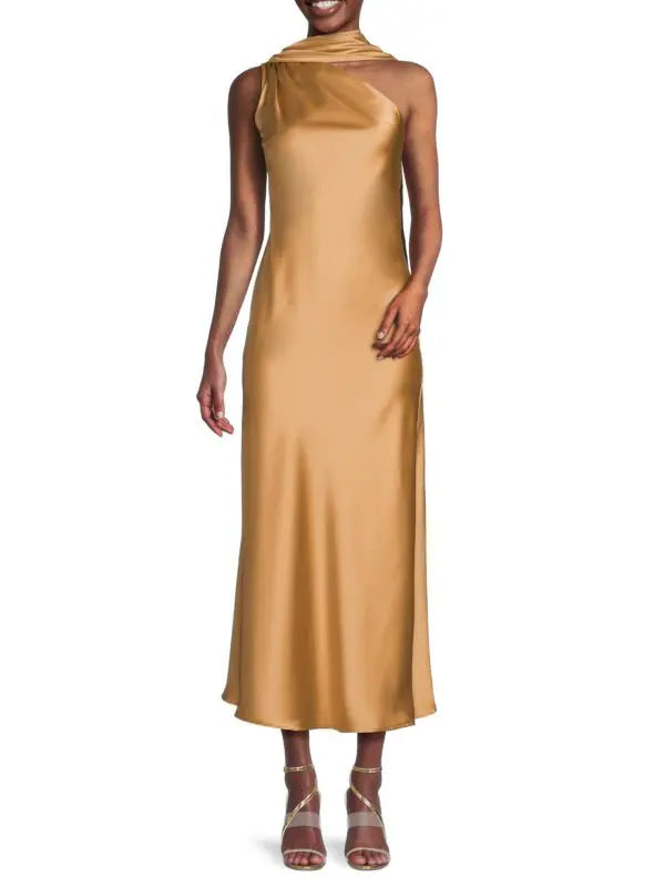 One Shoulder Satin Maxi Dress with Scarf Detail