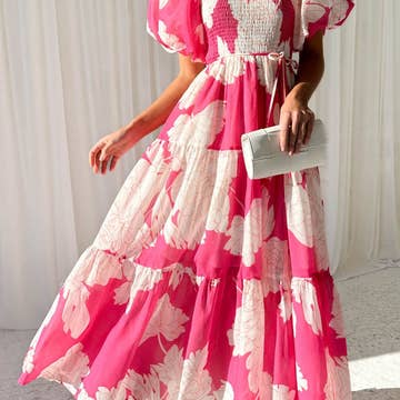 Off the Shoulder Puff Sleeve Floral Smocked Swing Maxi Dress