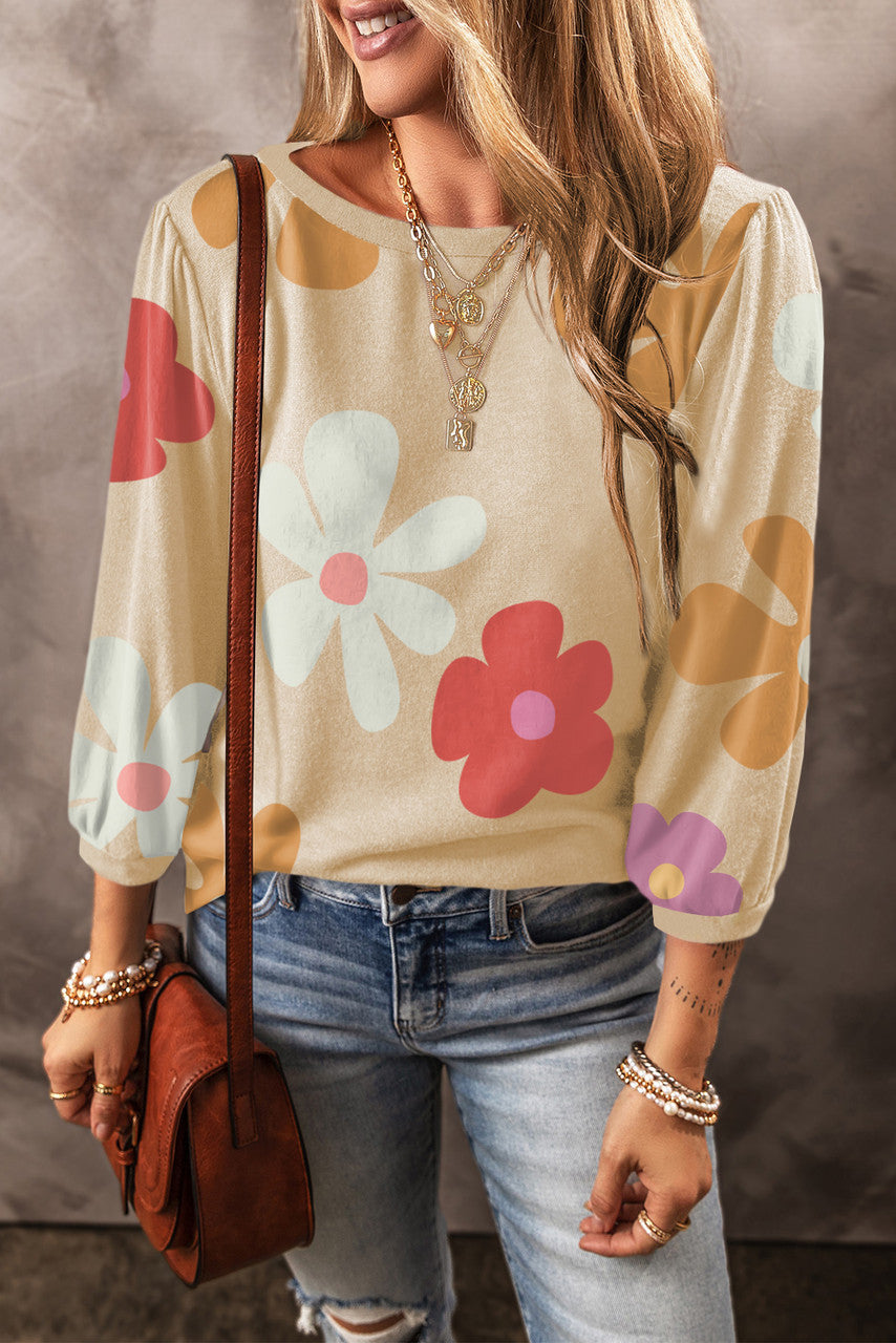 Apricot Flower Print Sleeve Top