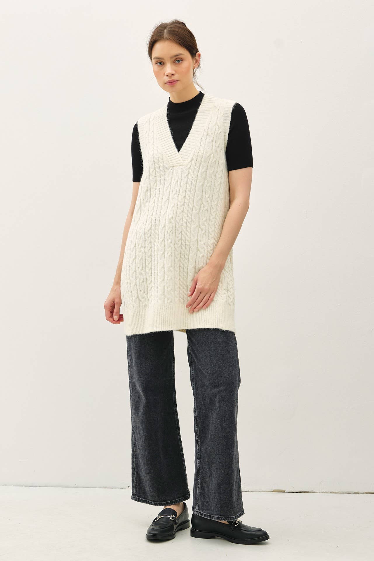 Be Cool - CHUNKY CABLE KNIT V-NECK SWEATER VEST TUNIC