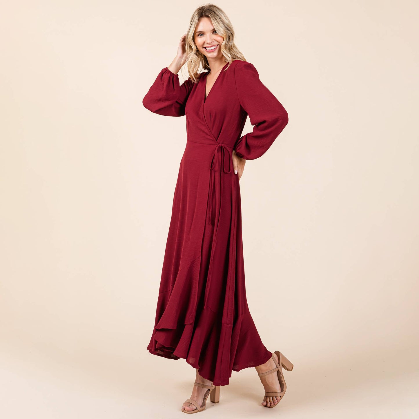 Ruffle Hem High Low Long Sleeve Wrap Maxi Dress