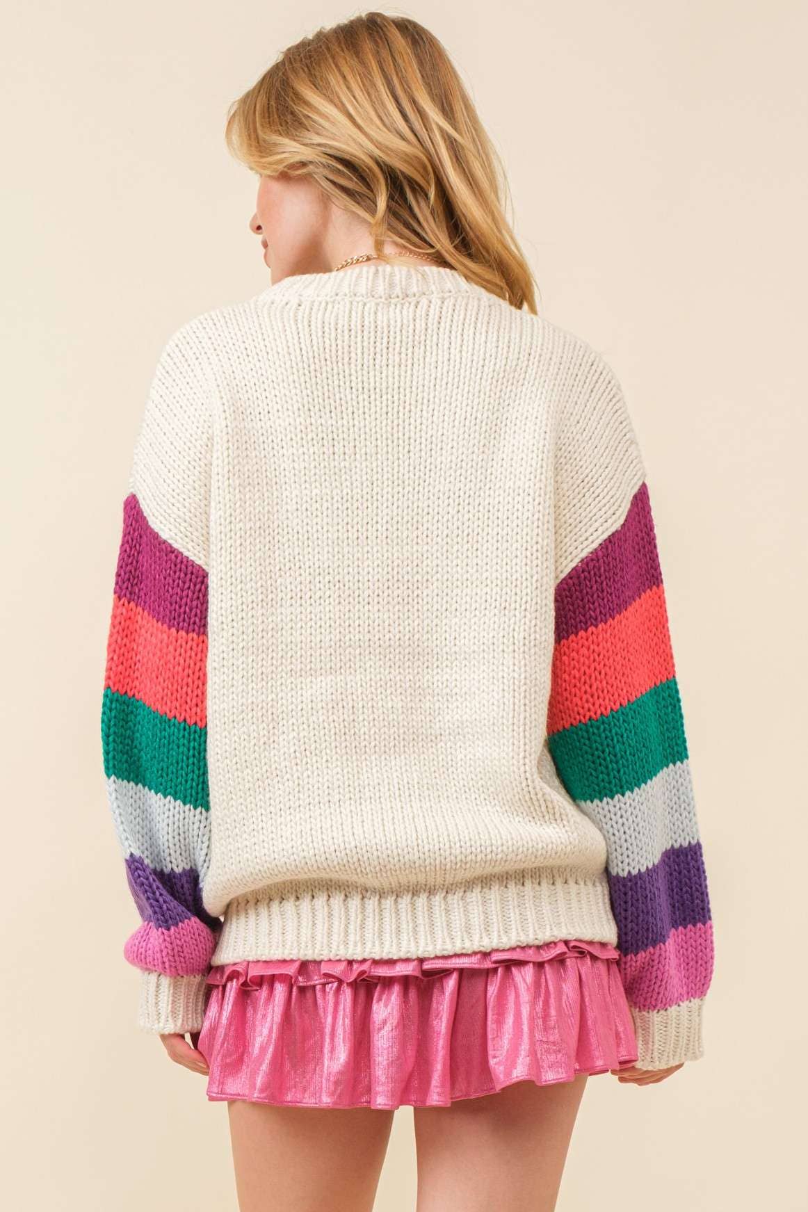 Main Strip - 3D Heart Crochet Multi Stripe Contrast Sweater