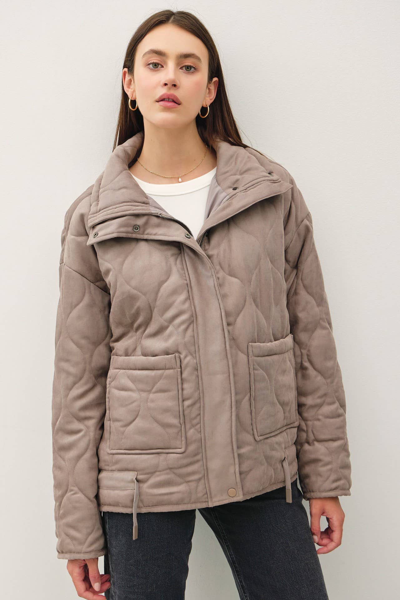 Be Cool - SUEDE-LIKE FUNNEL NECK QUILTED PUFFER JACKET