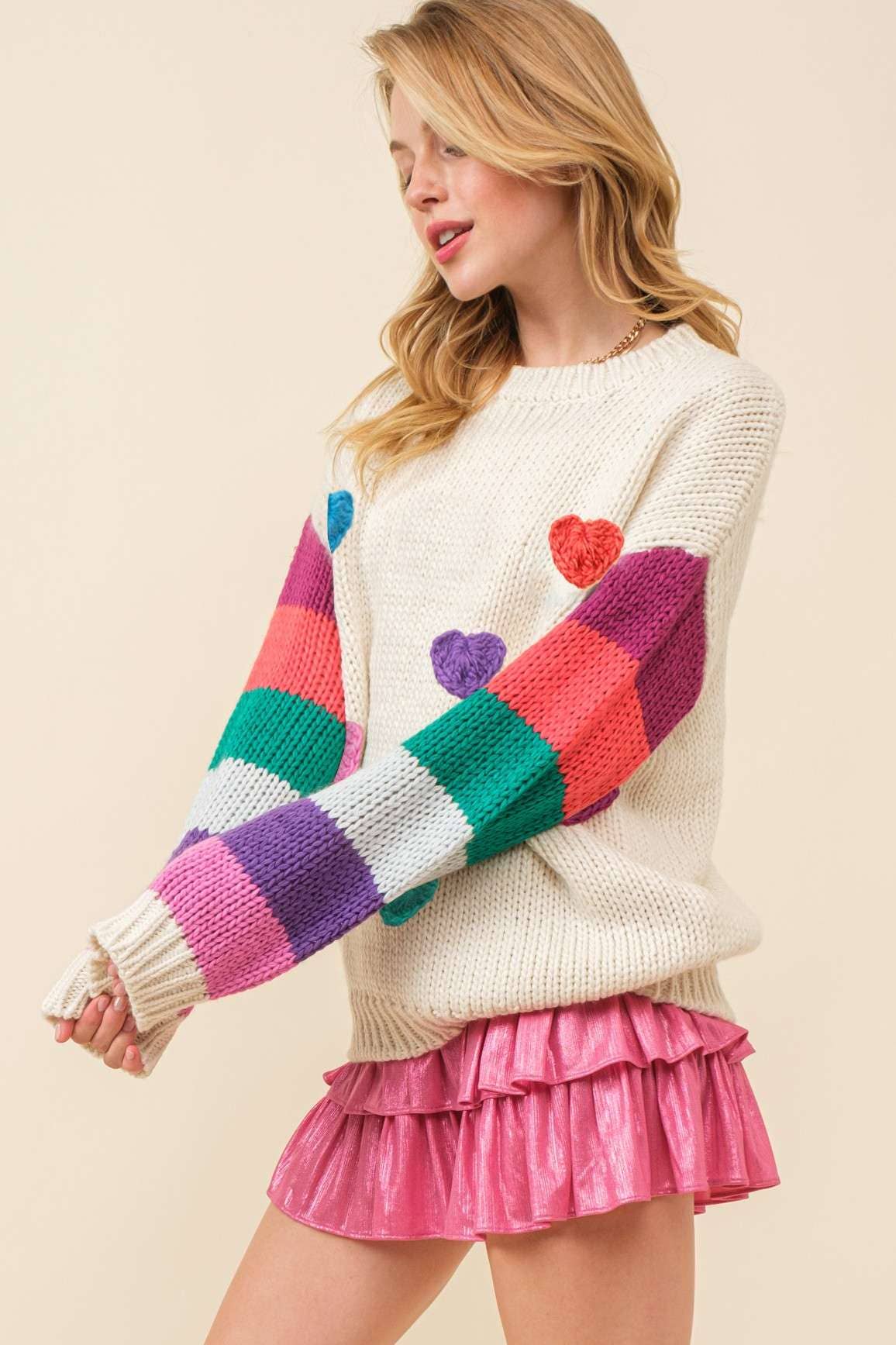 Main Strip - 3D Heart Crochet Multi Stripe Contrast Sweater