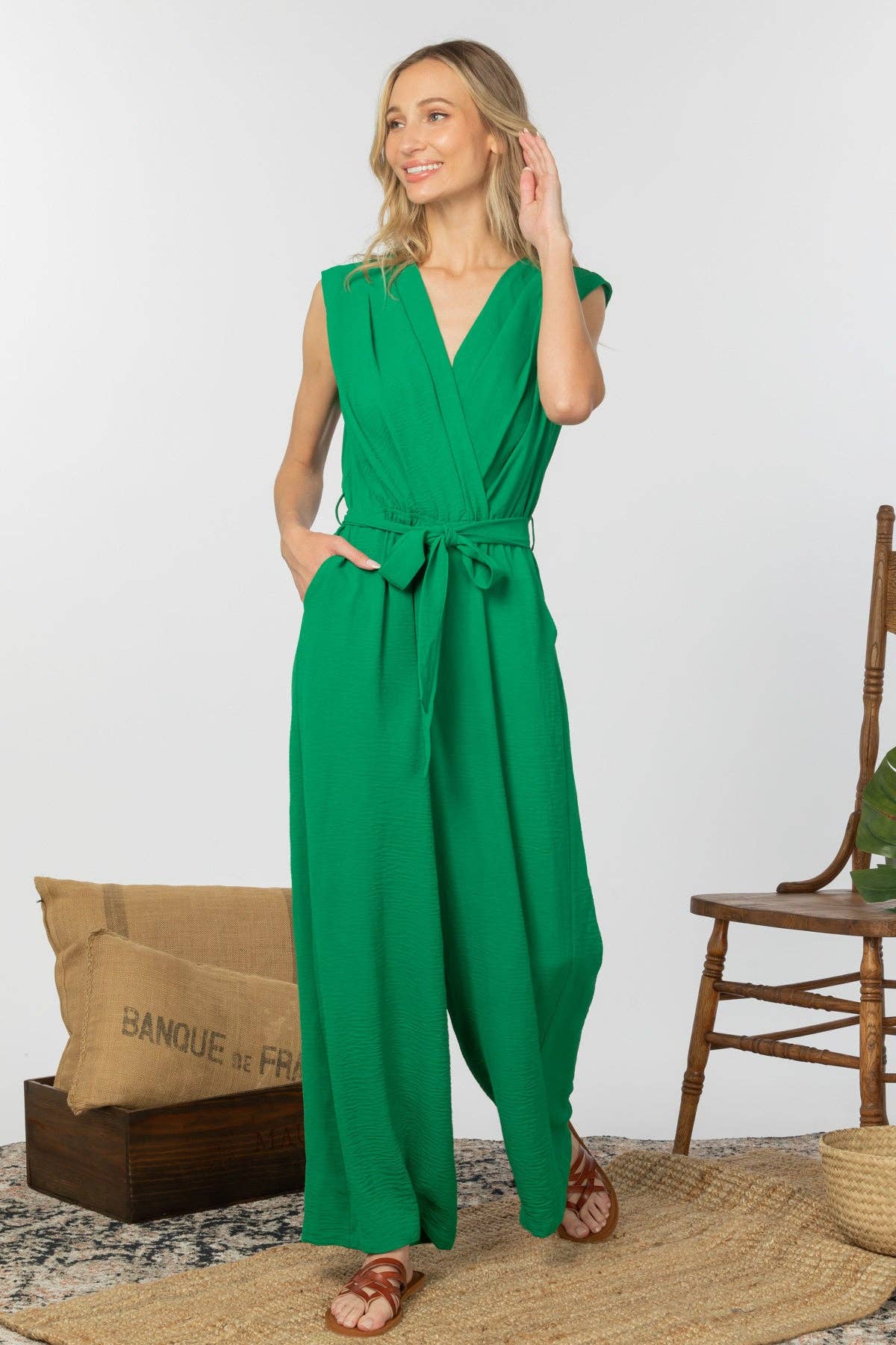 Sleeveless Faux Wrap Wide Leg Jumpsuit