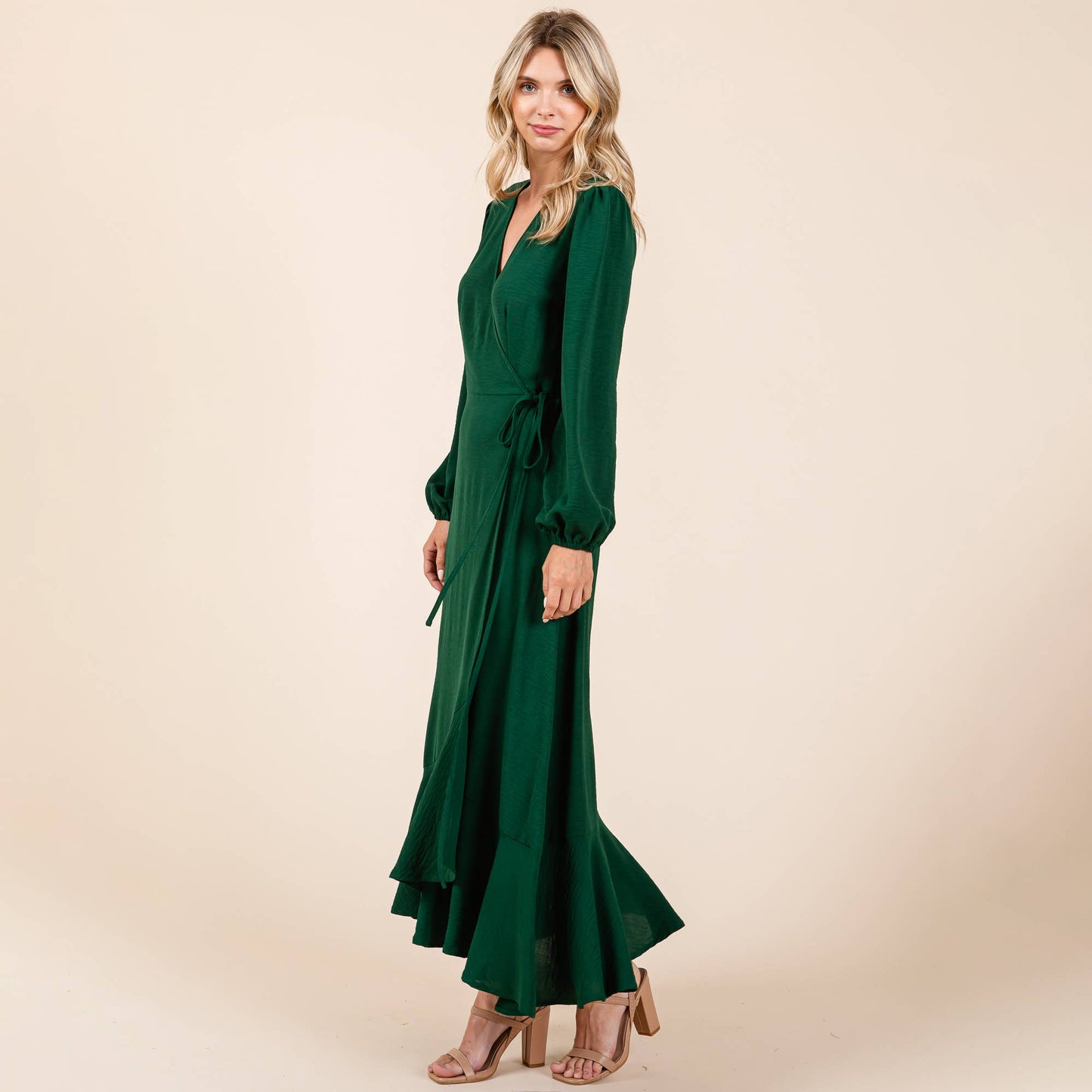 Ruffle Hem High Low Long Sleeve Wrap Maxi Dress