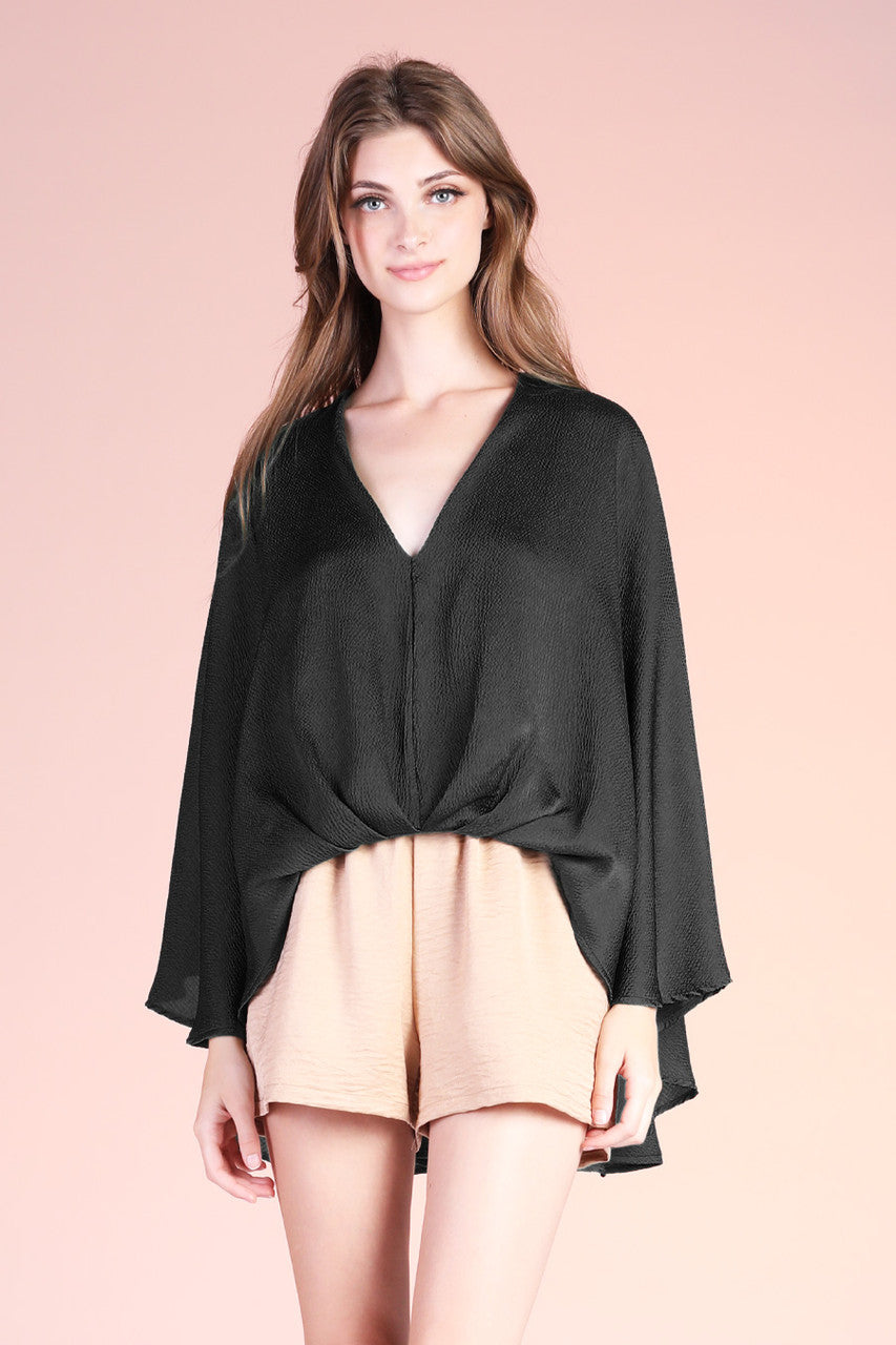 Hammered Satin Front Tuck Easy Cape Top