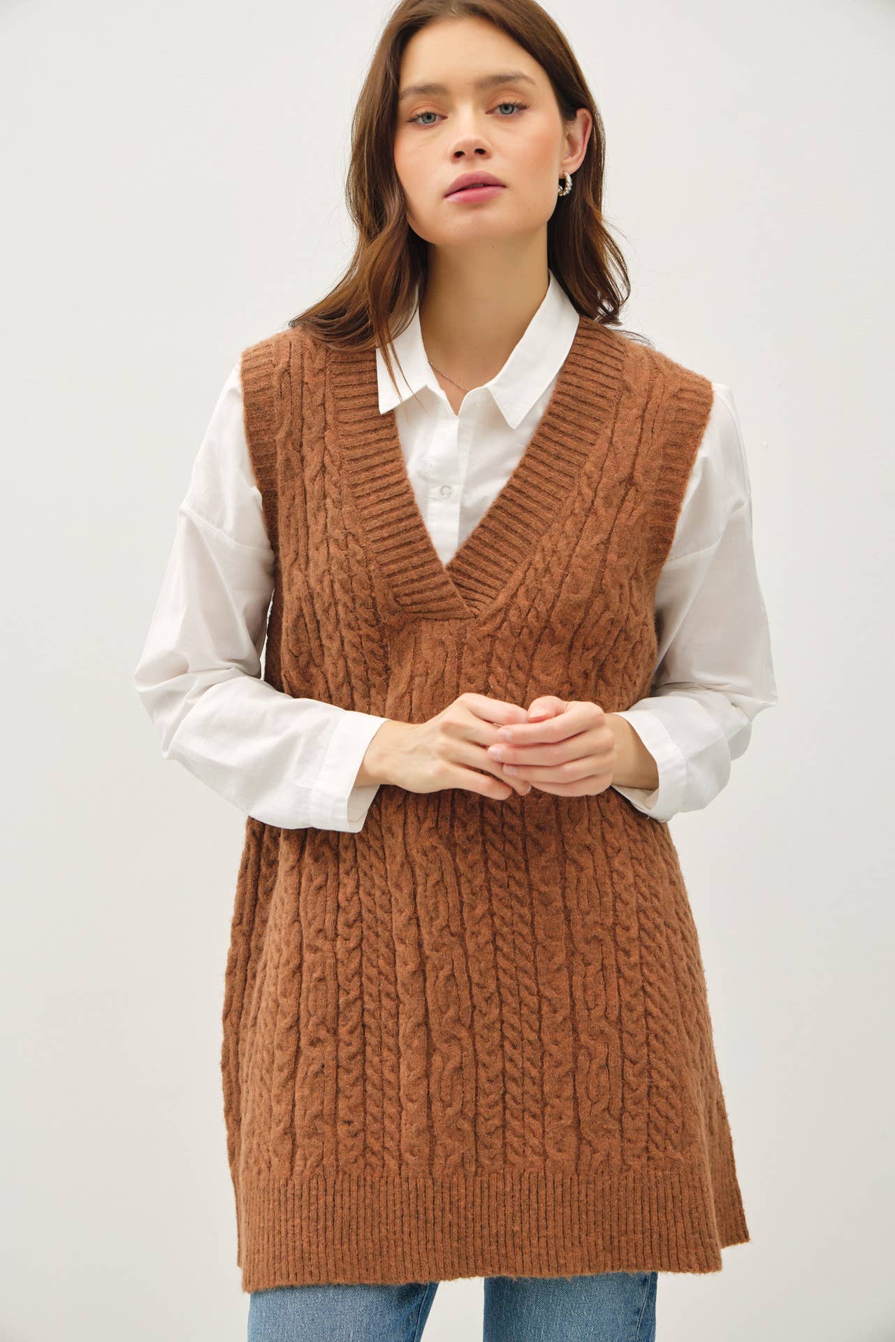 Be Cool - CHUNKY CABLE KNIT V-NECK SWEATER VEST TUNIC