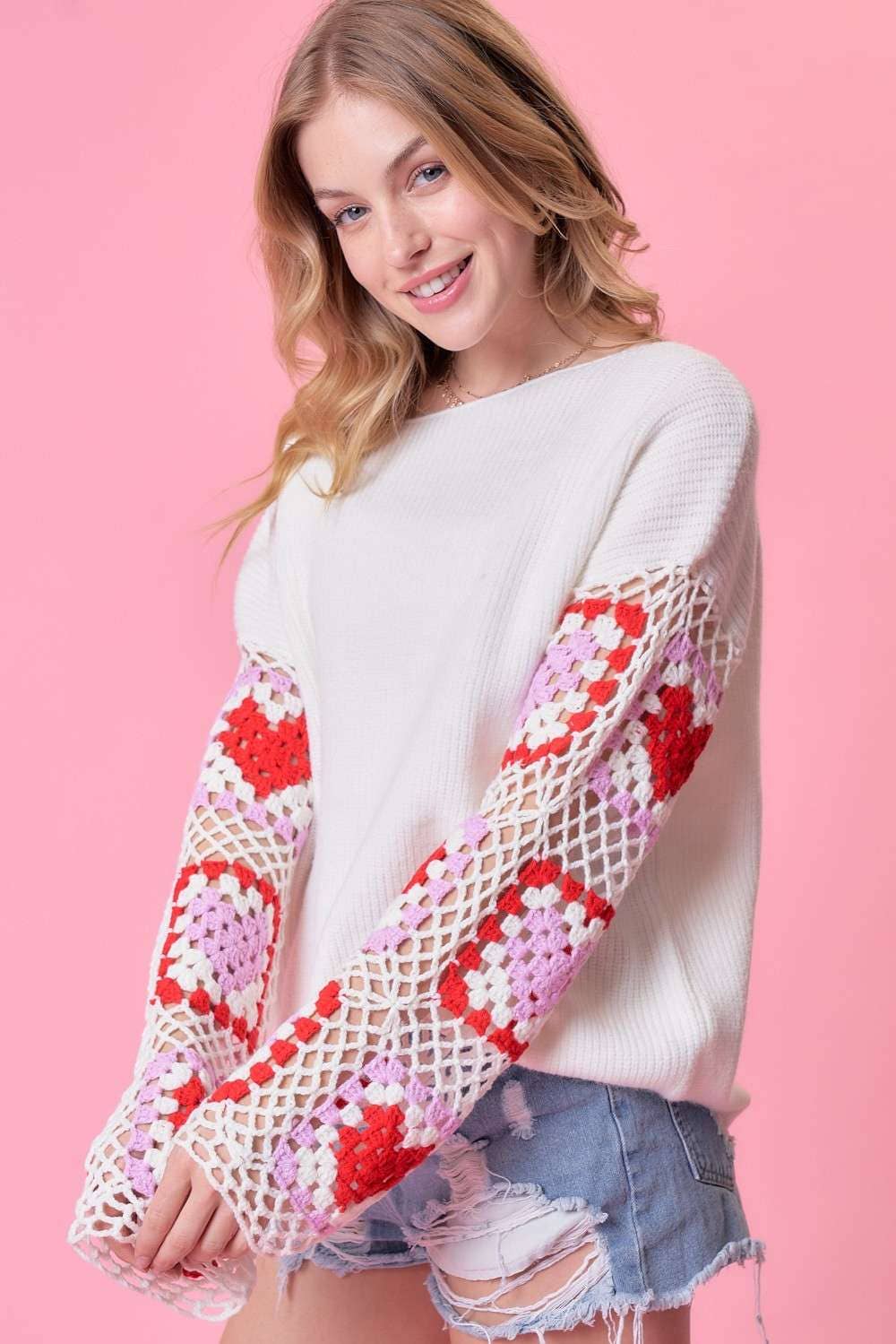 Main Strip - Sleeve Heart Crochet Sweater