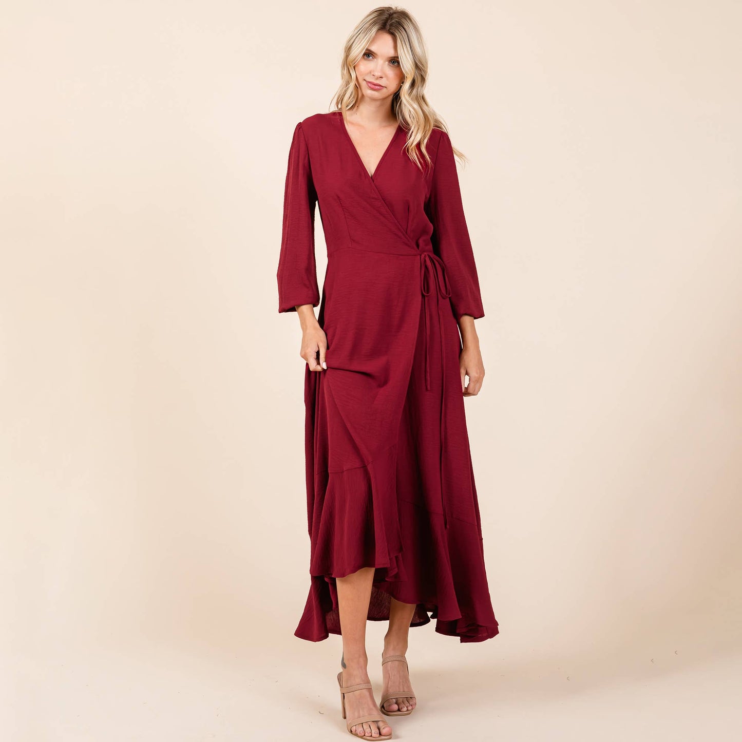 Ruffle Hem High Low Long Sleeve Wrap Maxi Dress