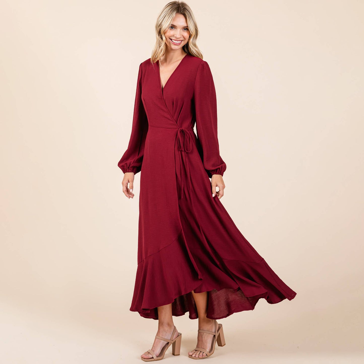 Ruffle Hem High Low Long Sleeve Wrap Maxi Dress