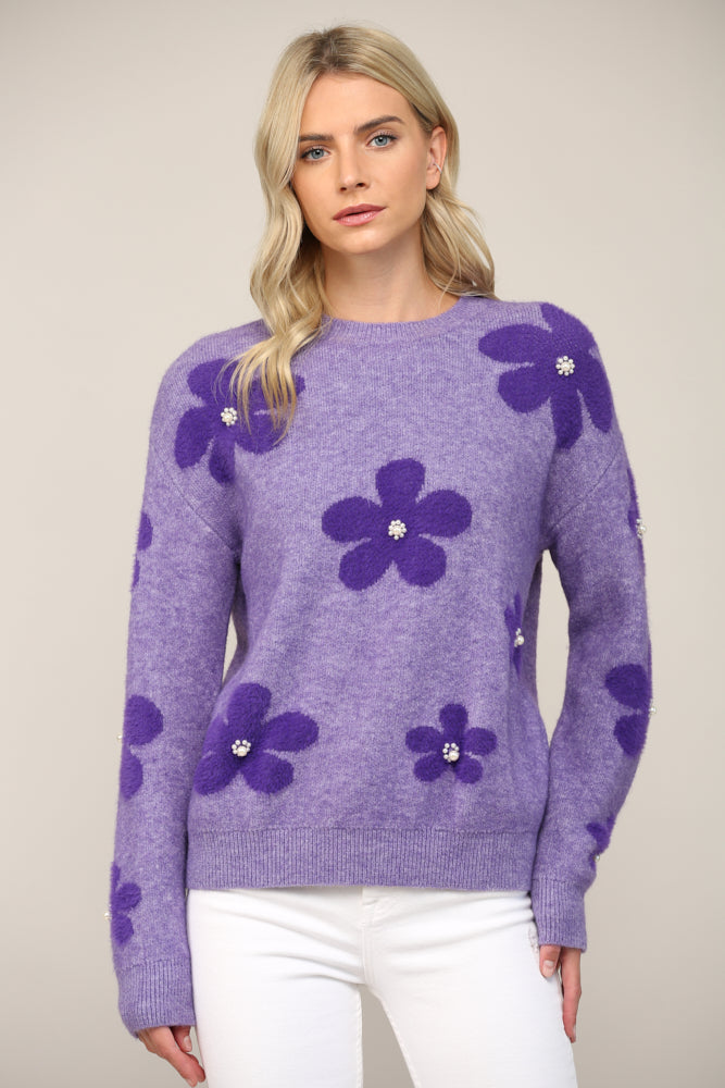 PEARL EMBELLISHED FLORAL JACQUARD KNIT FUZZY SWEATER