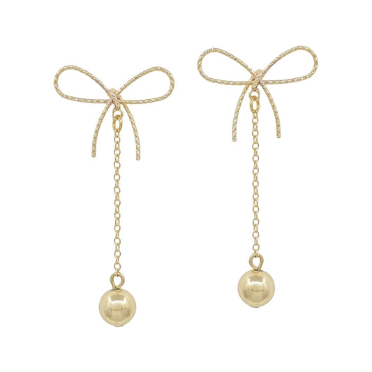 Gold Ribbon Bow Post with Pearl Drop 2" Earring