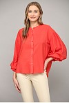 PUFF SLEEVE BUTTON DOWN SHIRT - Tomato Red