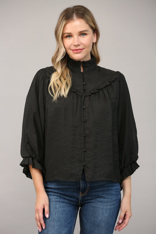 Ruffle Detail 3/4 Bubble Sleeve Blouse - Black