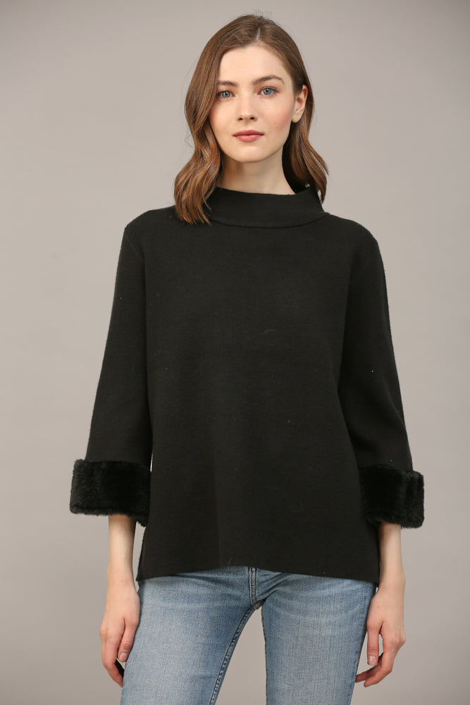 Fur Sleeve Detail Mock Neck Sweater