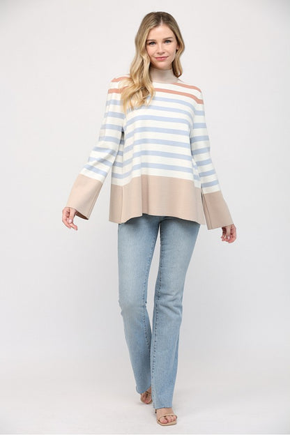 Stripe Mock Neck Bell Sleeve Tunic Sweater