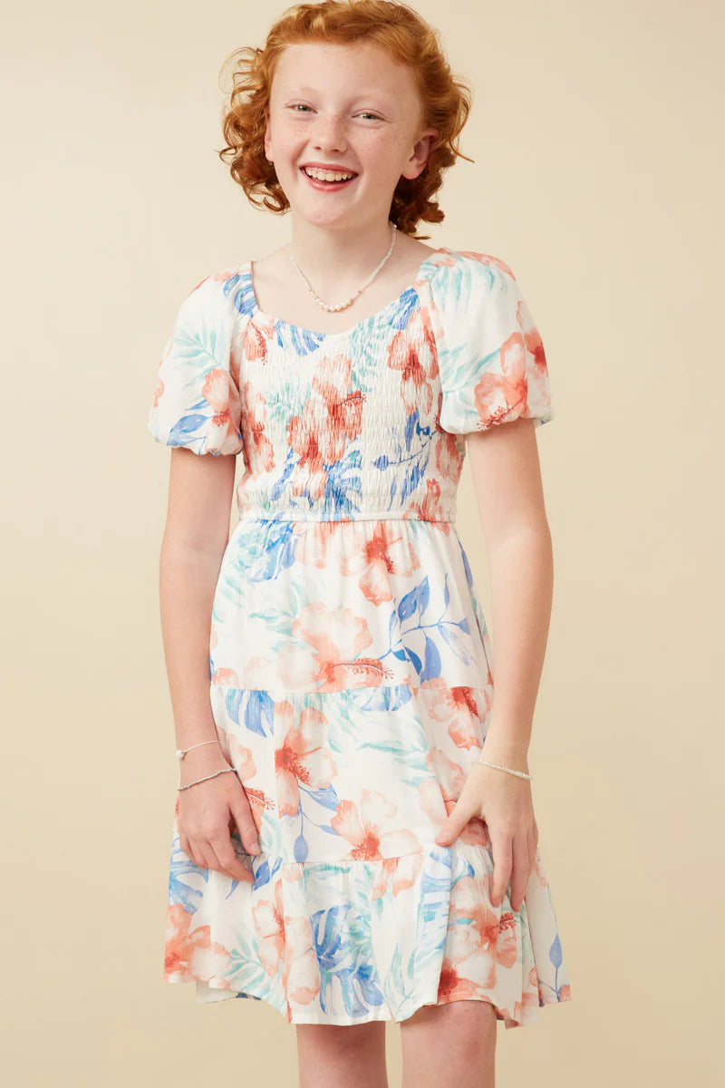 Textured Romantic Floral Smocked Puff Sleeve Dress - Girls