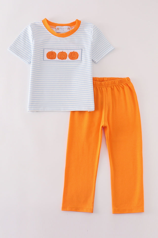 Blue stripe pumpkin embroidery boy set