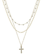 White Crystal Beaded and Gold Pave Cross Necklace