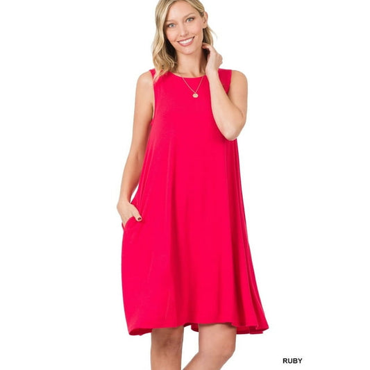 Sleeveless Flared Dress with Side Pockets - Ruby