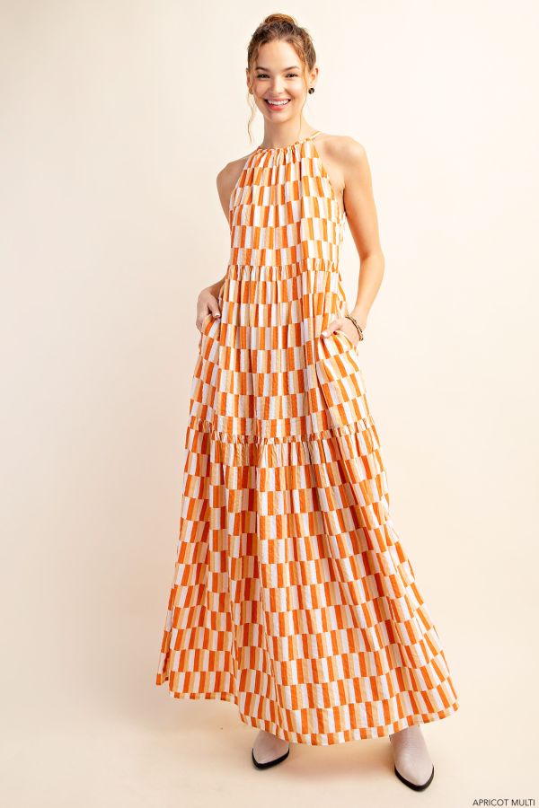 COTTON RAYON LINED NECK TUNNEL TIERED MAXI DRESS