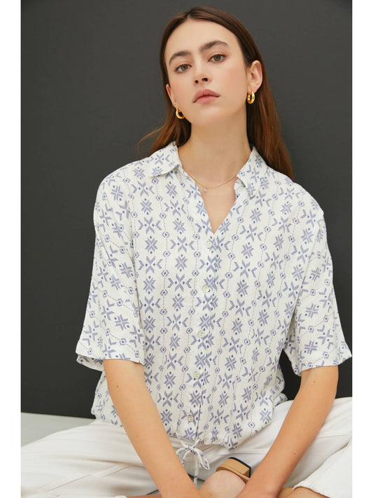 Floral Print Elbow Sleeve Drawstring Hem Shirt