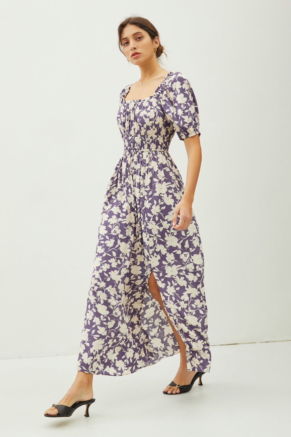 Floral Print Milkmaid Shirred Maxi Dress