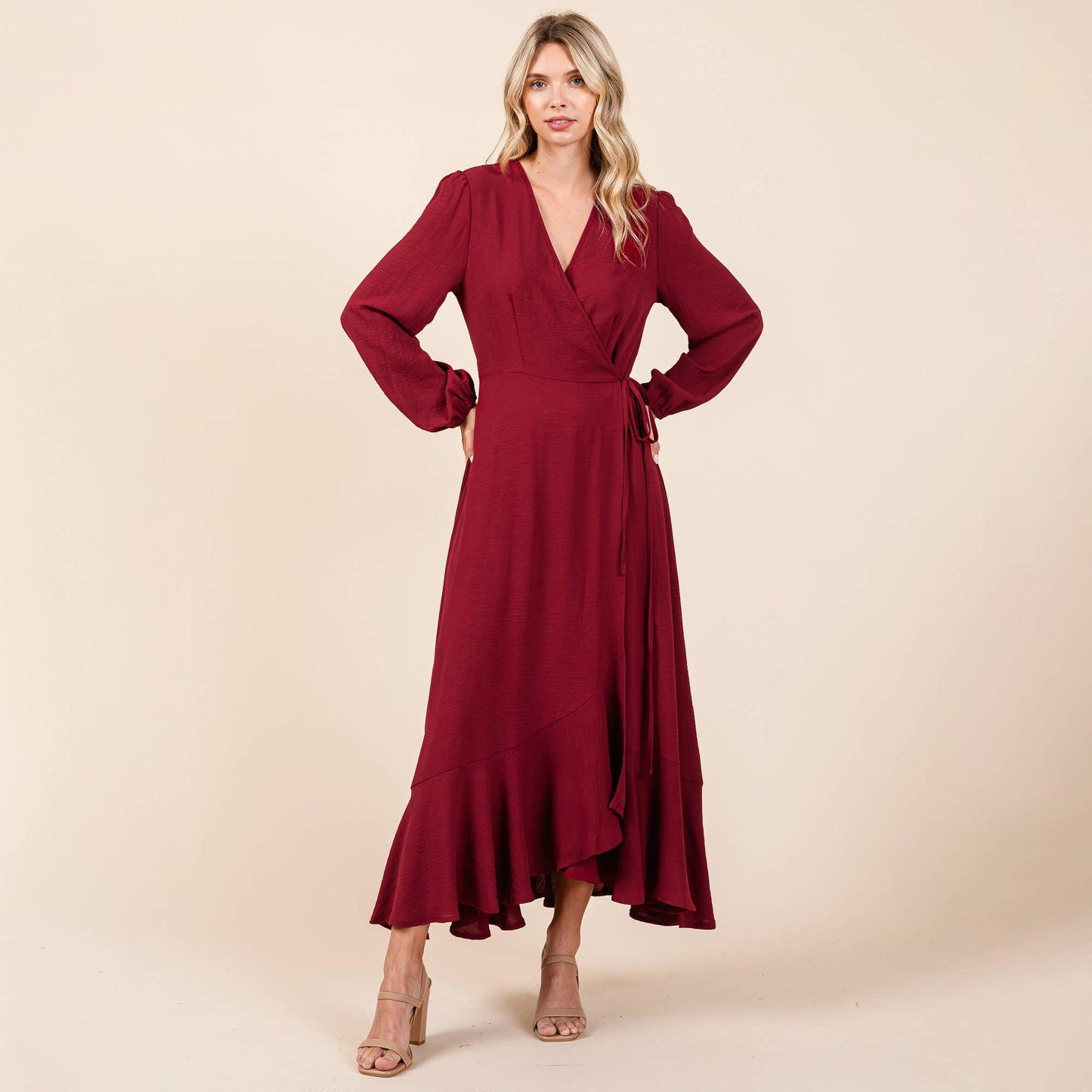 Ruffle Hem High Low Long Sleeve Wrap Maxi Dress