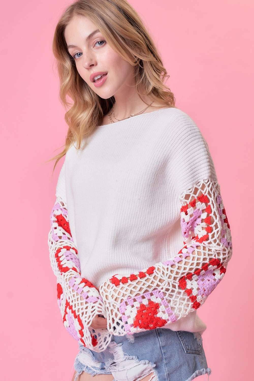 Main Strip - Sleeve Heart Crochet Sweater