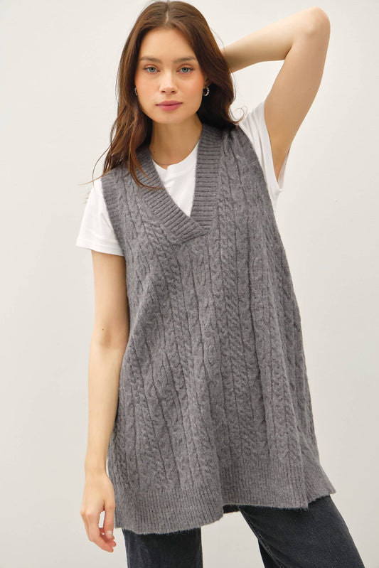 Be Cool - CHUNKY CABLE KNIT V-NECK SWEATER VEST TUNIC