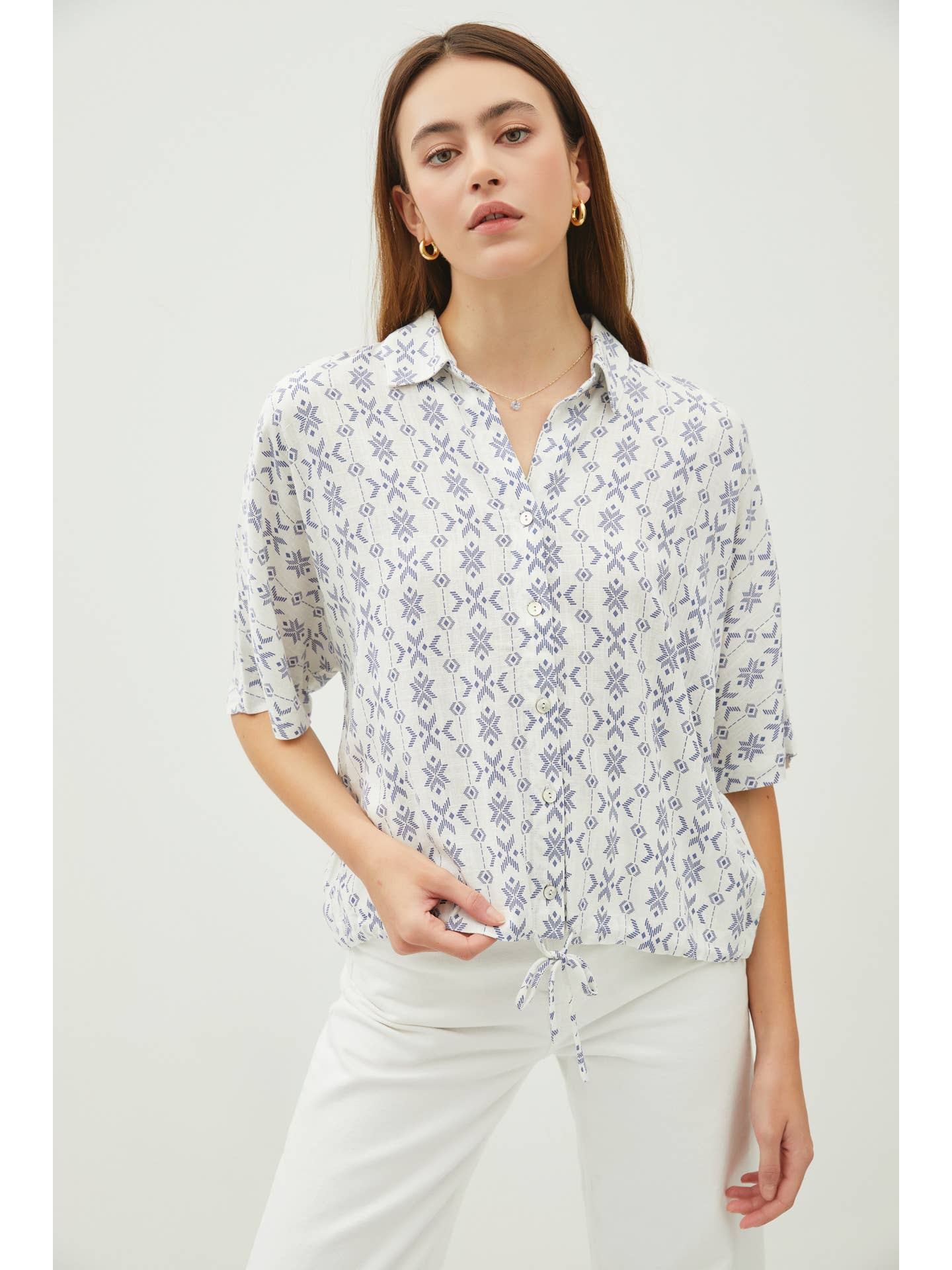 Floral Print Elbow Sleeve Drawstring Hem Shirt