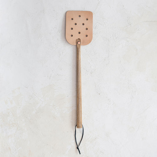 Leather Fly Swatter w/ Mango Wood Handle & Tie, Natural