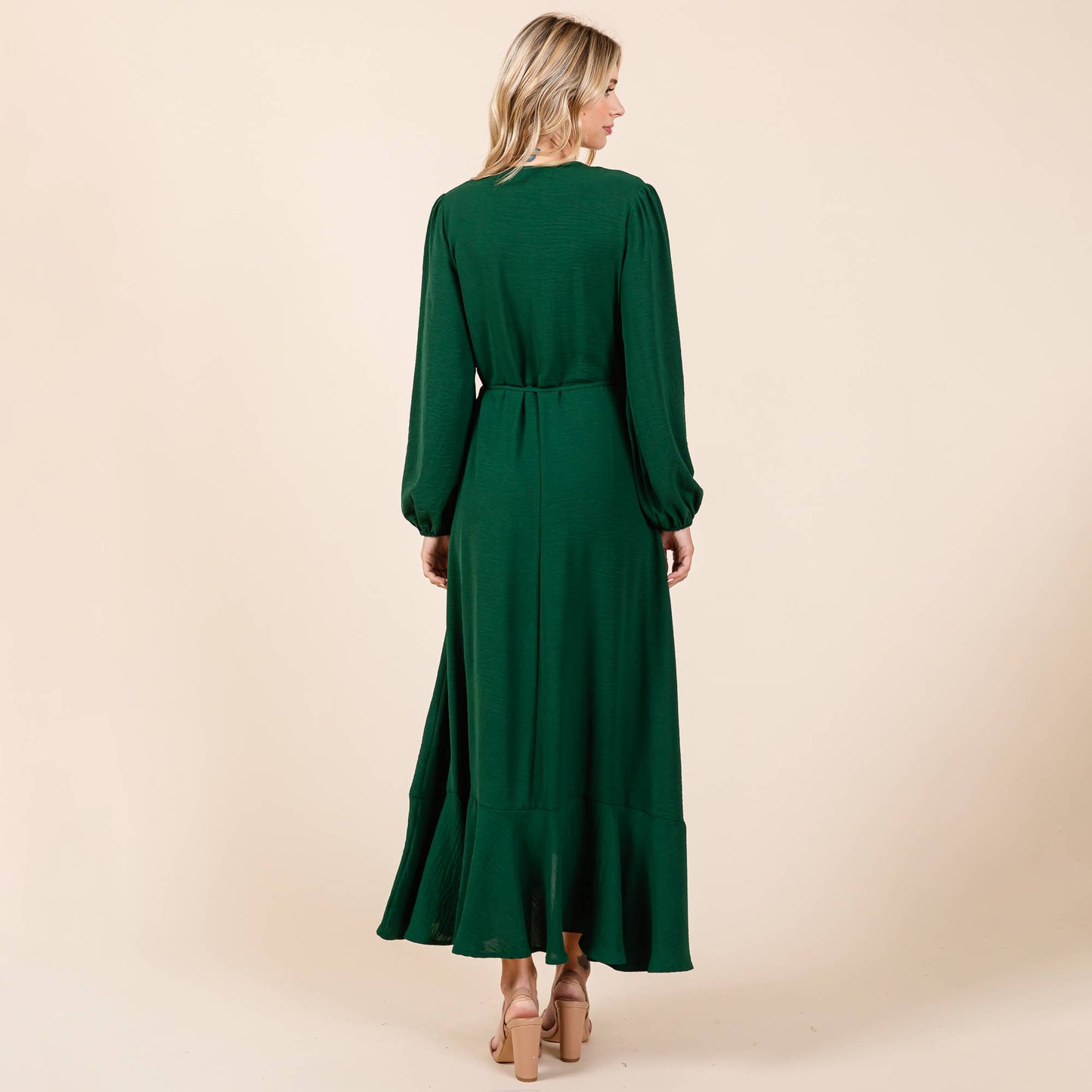 Ruffle Hem High Low Long Sleeve Wrap Maxi Dress