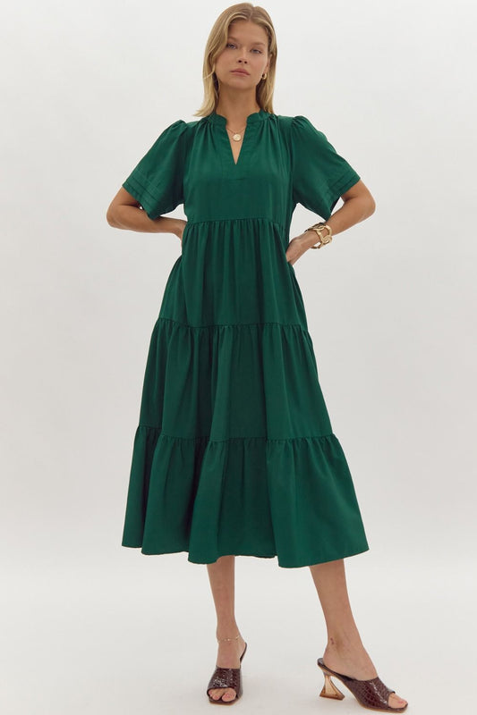 Solid v-neck short sleeve tiered midi dress