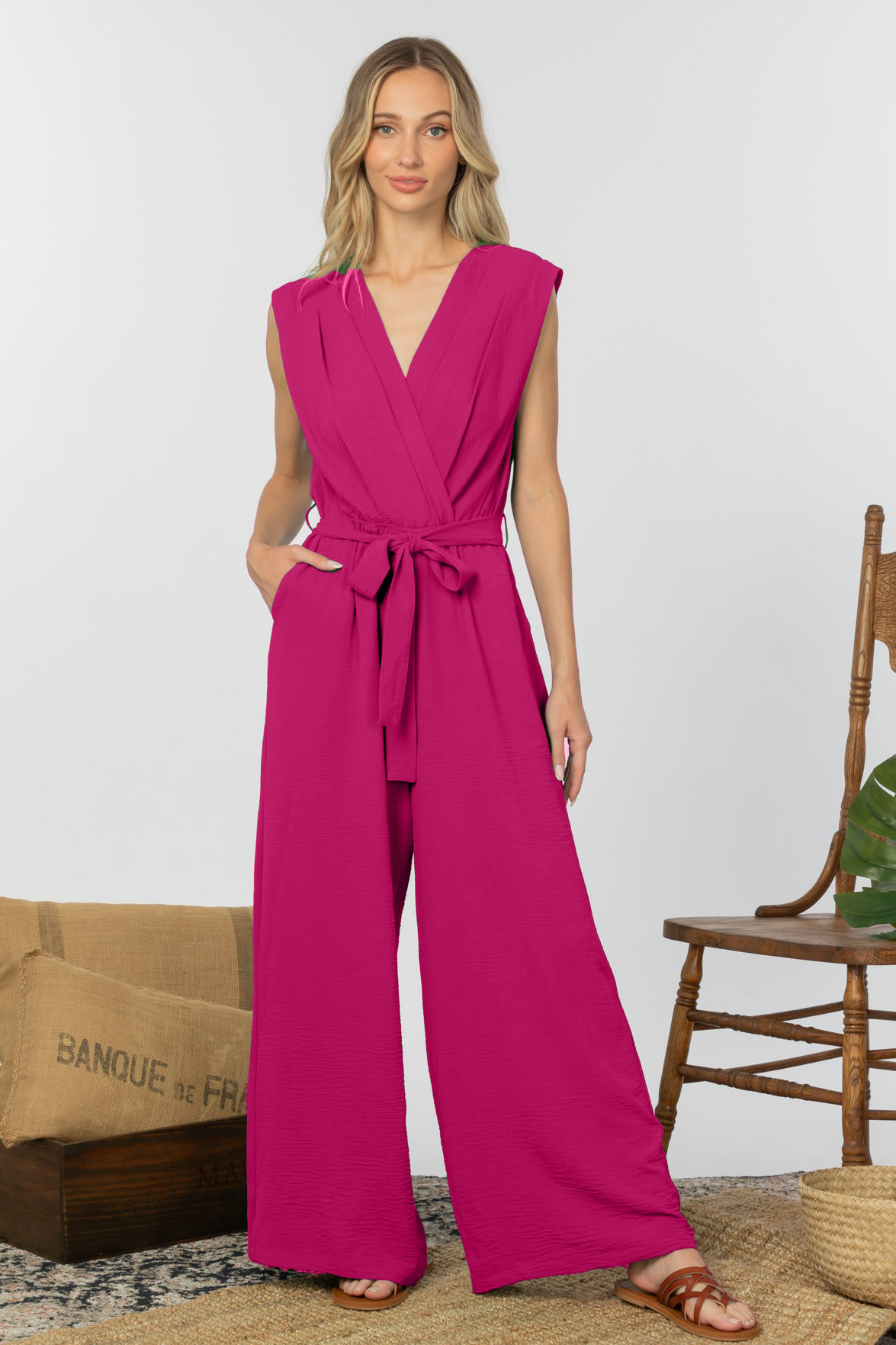 Sleeveless Faux Wrap Wide Leg Jumpsuit