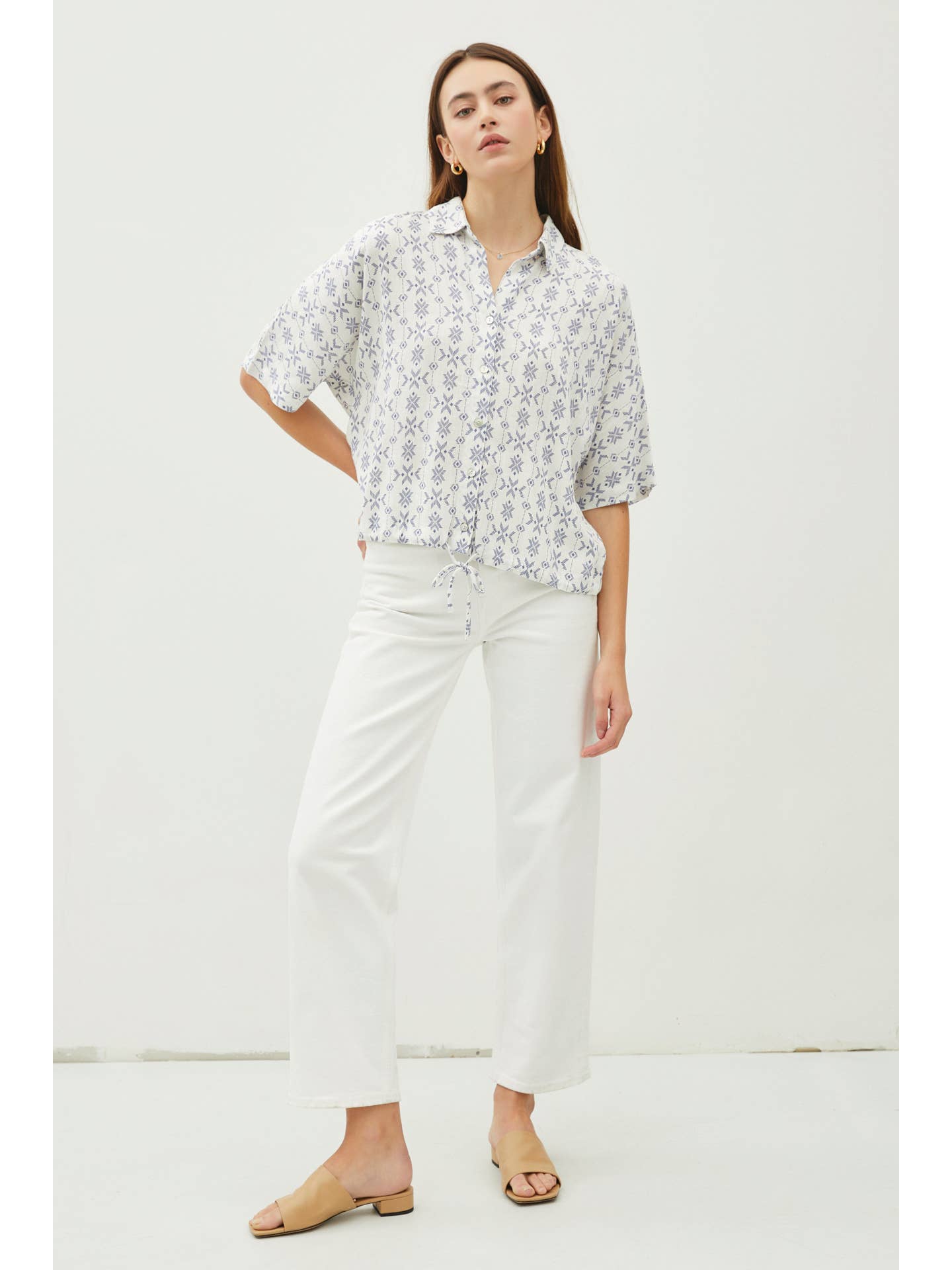 Floral Print Elbow Sleeve Drawstring Hem Shirt