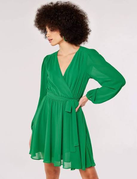 Apricot Chiffon Long Sleeve Wrap Dress - Green