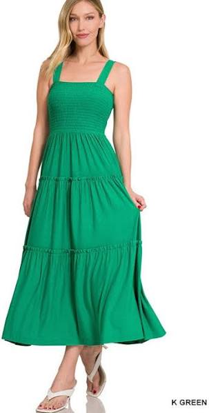 Smocked Tiered Midi Dress - Kelly Green