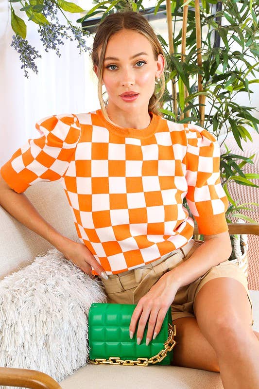 Crew neck puff short sleeve checkerboard  knit top