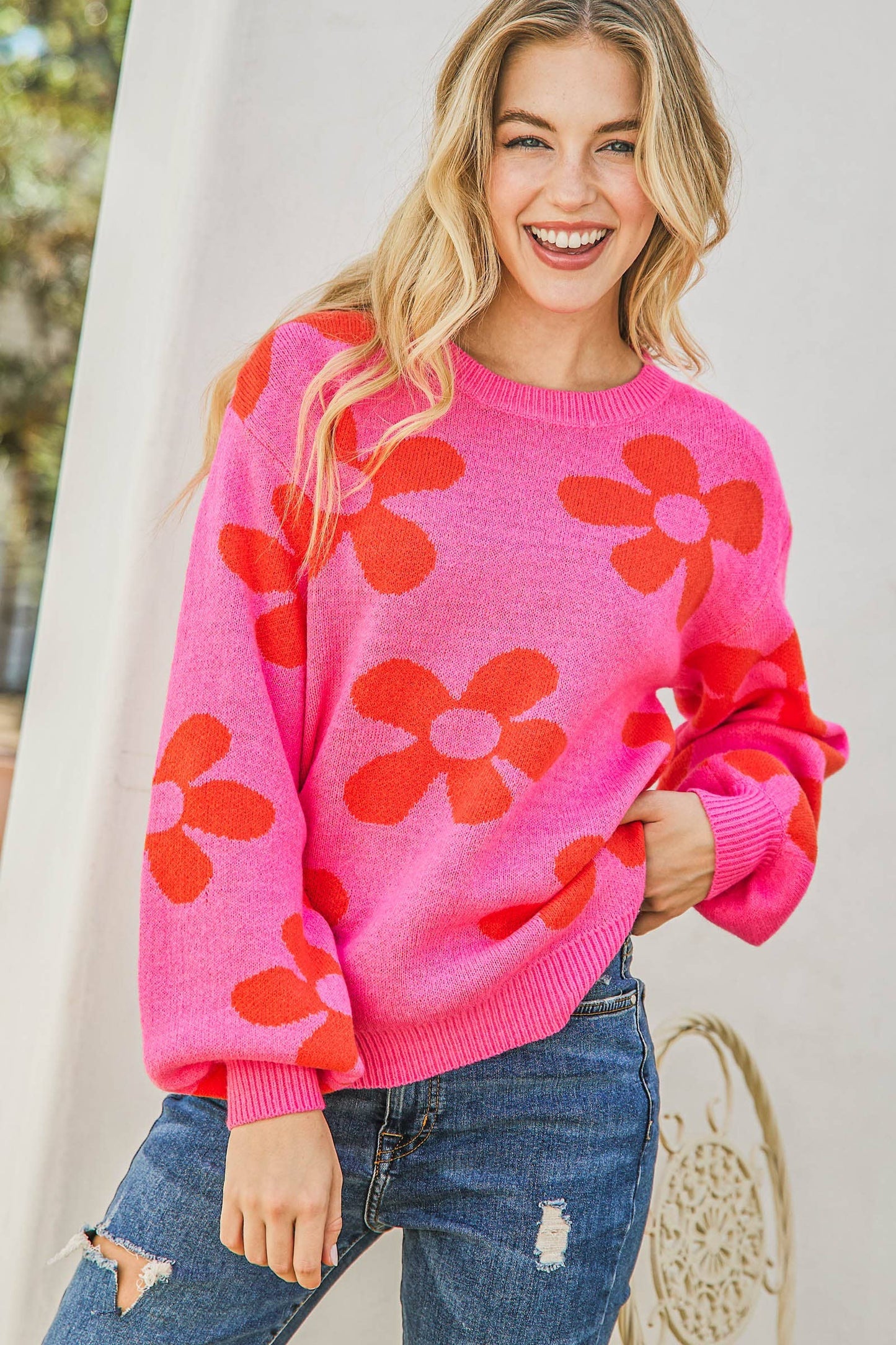 Daisy Allover Print Pullover Sweater