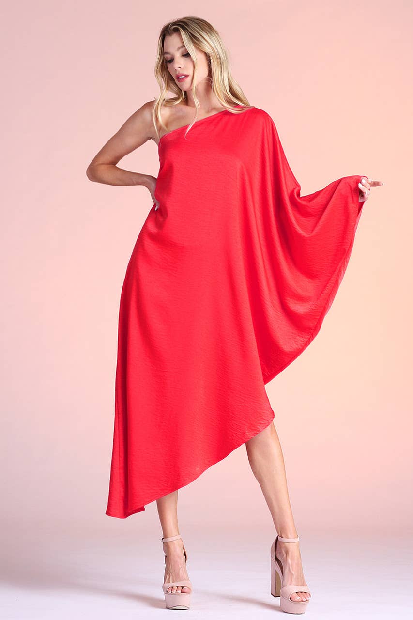 Red Washed Satin Crepe Asymmetrical One Sleeve Dress