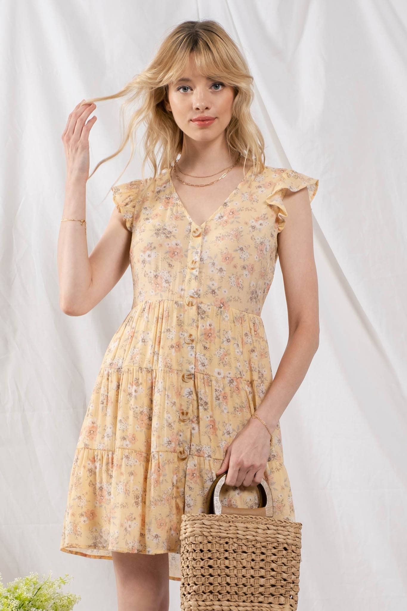 FLORAL BUTTON UP DRESS - Yellow