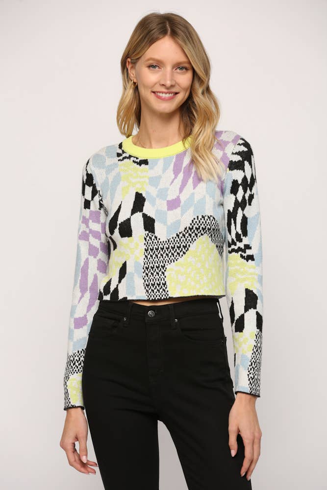 GRAPHIC PRINT CROP PULLOVER SWEATER