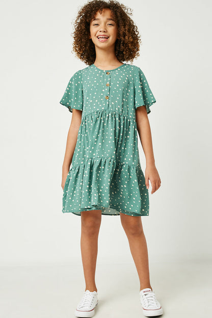 Girls Polka Dot Button Detail Mini Dress - Sage