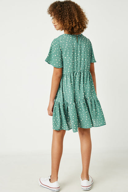 Girls Polka Dot Button Detail Mini Dress - Sage